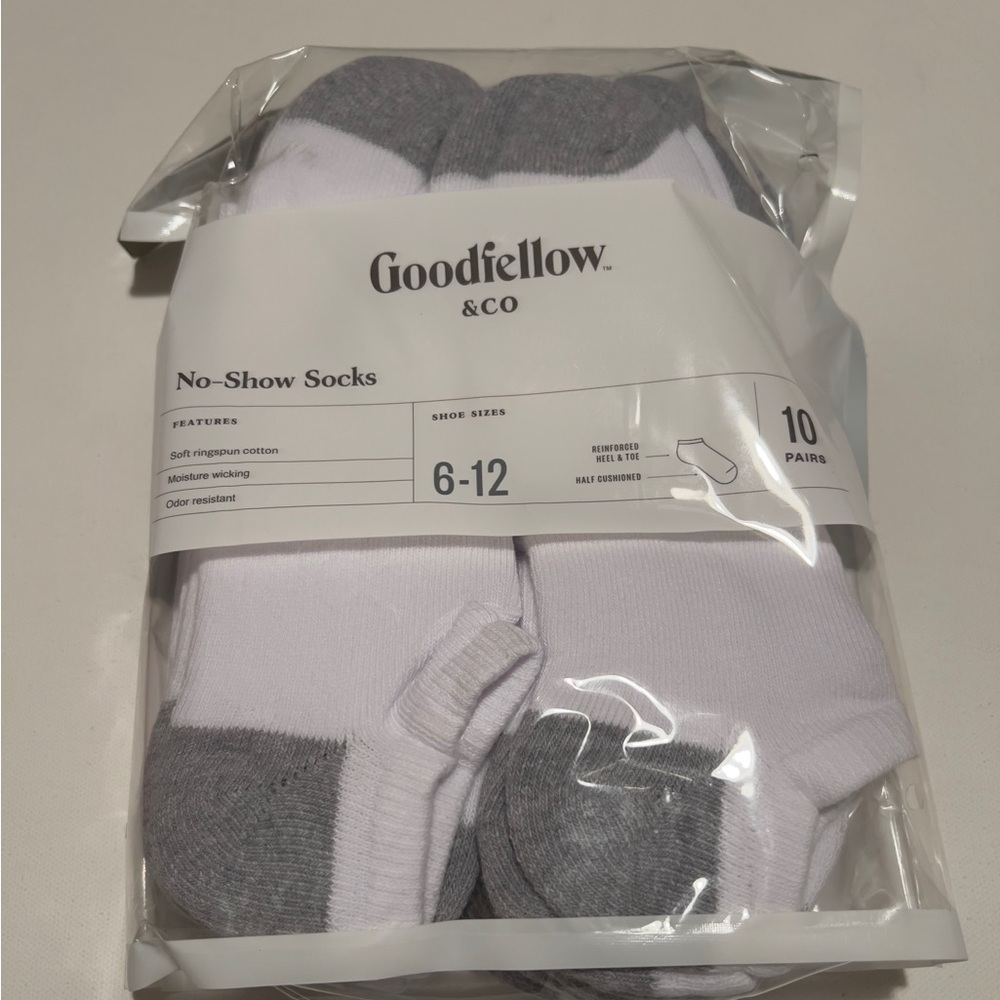 NWT Goodfellow & Co Men’s NO SHOW Socks White 6-12 Cushioned Wicking 10 PAIRS